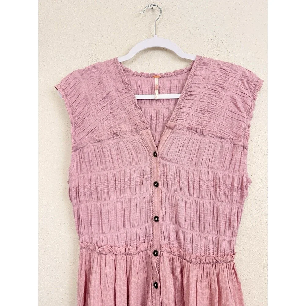 Free People Midi Dress Sz Medium Desert Dazed Pink Cotton Short Sleeve Smocked - Picture 3 of 9